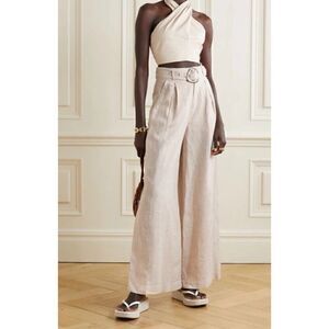 STAUD Eris Belted Linen Wide-leg Pants Cropped In Beige sz 14